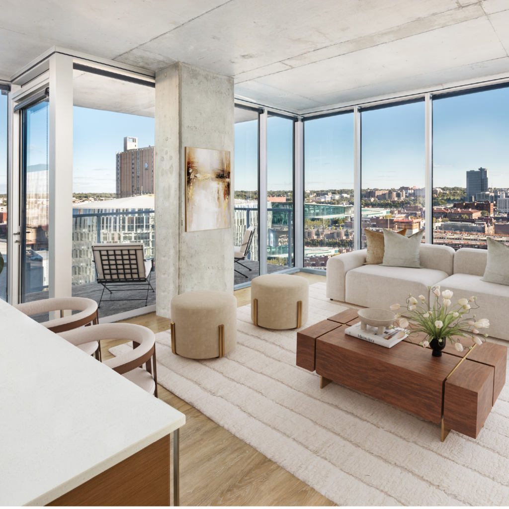 The living room space at One Light Luxury Apartments.